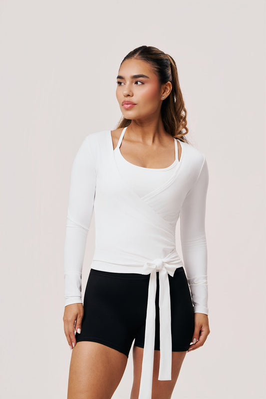 Hera Women's Long Sleeve Wrap Top in White | Cotton Yoga & Workout Shirt