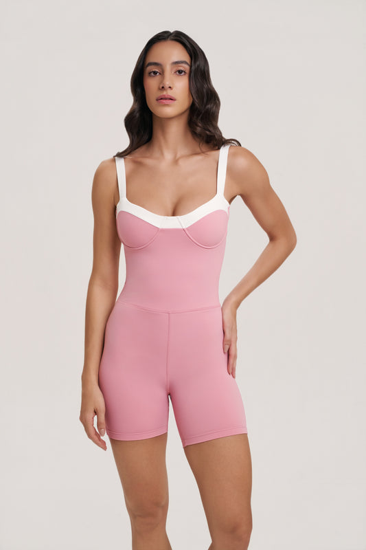 Gaia Romper | Women’s Black and White Workout Romper – Underwire Pilates Romper with Twist Back