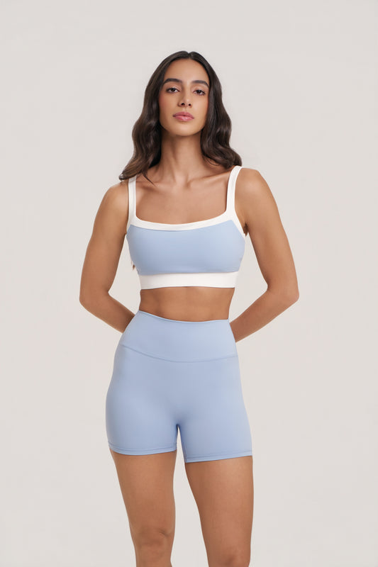 Juno Two-Tone Sports Bra in Light Blue & White | Supportive Workout Top