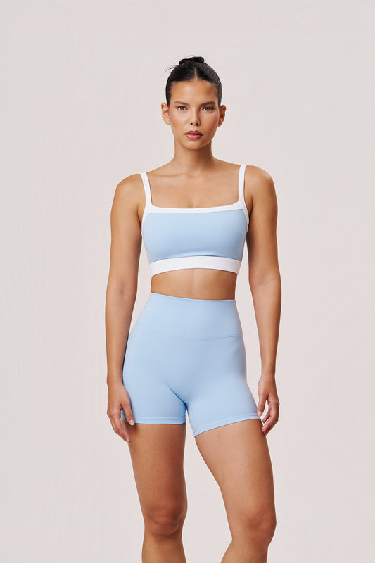 Juno Two-Tone Sports Bra in Light Blue & White | Supportive Workout Top