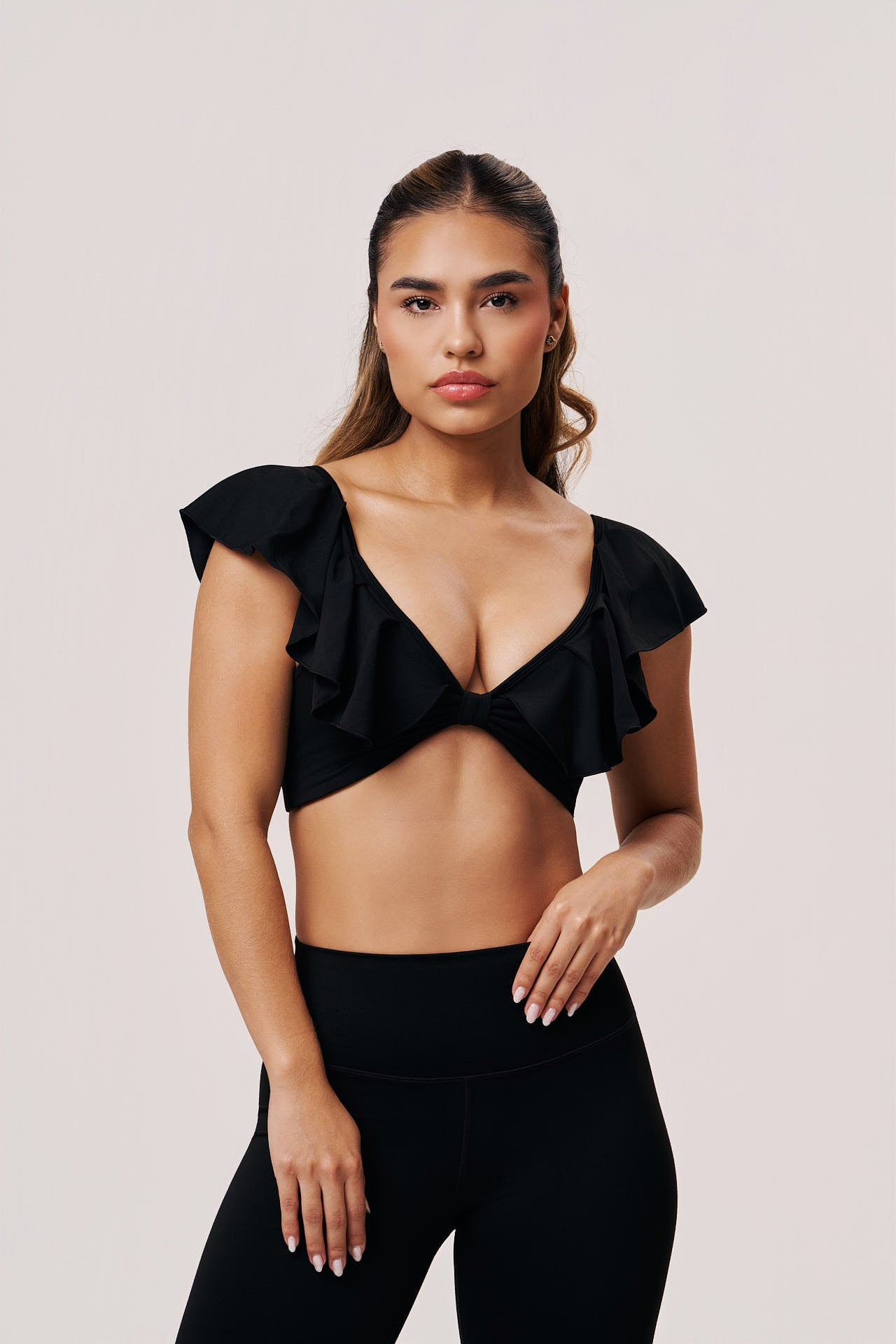 Venus Ruffle Shoulder Sports Bra  | Elegant Workout Top