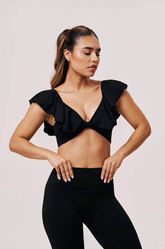 Venus Ruffle Shoulder Sports Bra  | Elegant Workout Top
