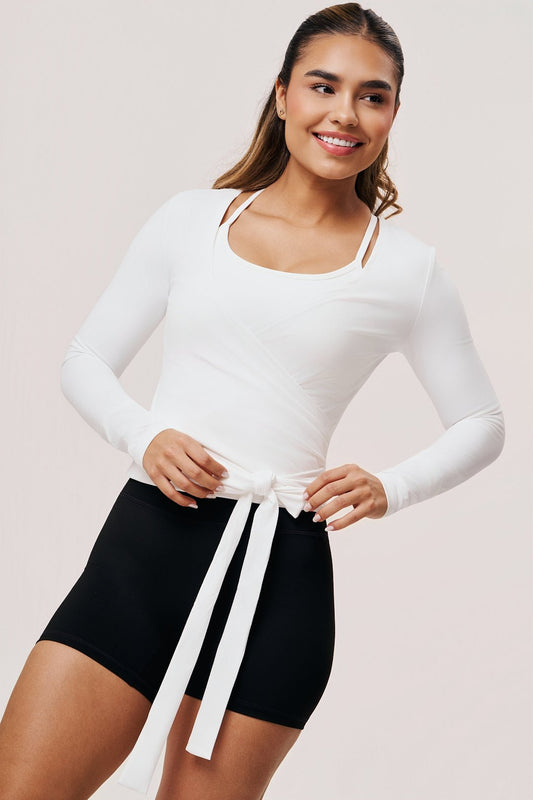 Hera Women's Long Sleeve Wrap Top in White | Cotton Yoga & Workout Shirt - SABEL