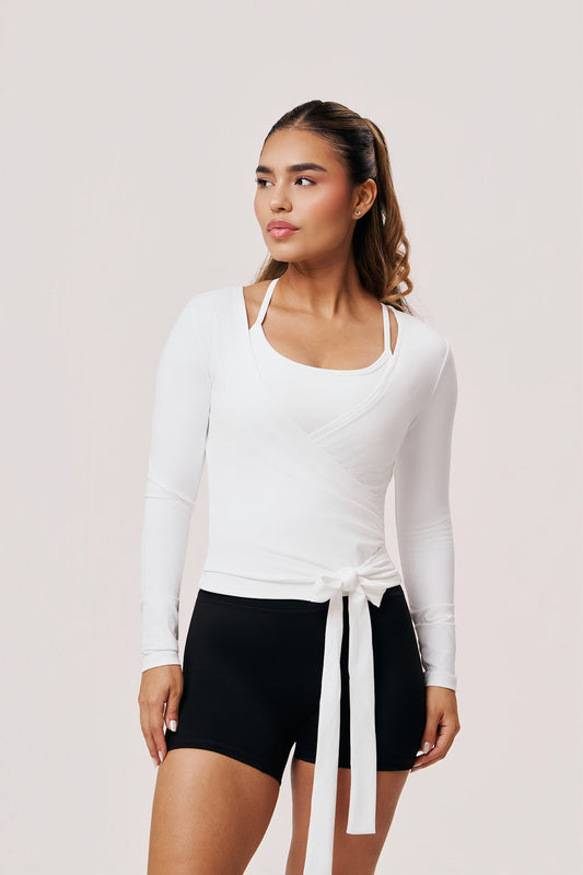 Hera Women's Long Sleeve Wrap Top in White | Cotton Yoga & Workout Shirt - SABEL
