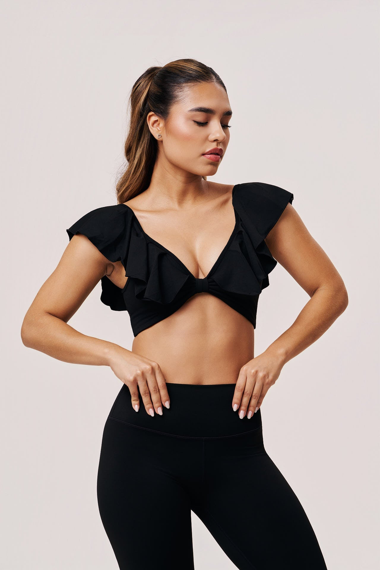 Venus Ruffle Shoulder Sports Bra | Elegant Workout Top - SABEL