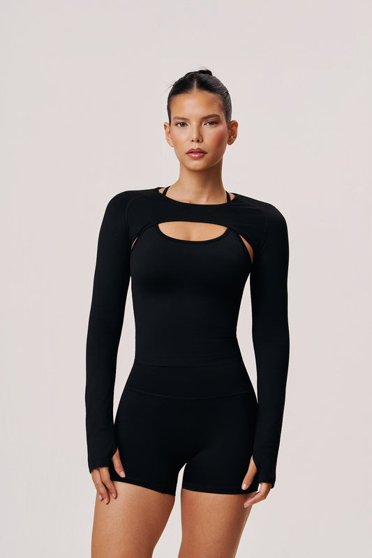 Ziva Women's Long Sleeve Workout Shrug in Black | Versatile Gym & Yoga Cover - Up - SABEL
